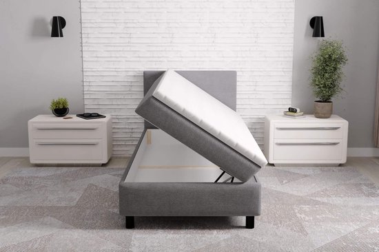 Boxspring Compleet Erolla - 90x200cm - Bed met opbergruimte - grijs stof - inclusief matras en topper 8cm dik - seatsandbeds