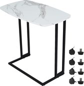 Bijzettafel C-vorm, banktafel met wielen, MDF-salontafel met witte marmeren textuur, salontafel met metalen frame, bijzettafels voor woonkamer, koffie, laptop, balkon, 60 x 35 x 61 cm