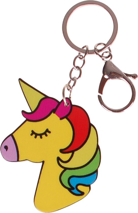 Foto: Sleutelhanger tashanger eenhoorn rainbow geel clip zilverkleurig kunsstof 7x5cm