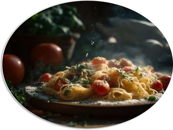 PVC Schuimplaat Ovaal - Spaghetti - Tomaten - Kaas - Eten - Bord - 80x60 cm Foto op Ovaal (Met Ophangsysteem)
