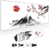 Gaming muismat wit XXL 800 x 300 mm, Japanse inktschildering, berg Fuji, sakura, zon, groot, genaaide randen, waterdicht, anti-slip