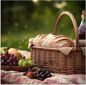 Poster Glanzend – Picknick - Mandje - Kleedje - Eten - Drinken - 100x100 cm Foto op Posterpapier met Glanzende Afwerking