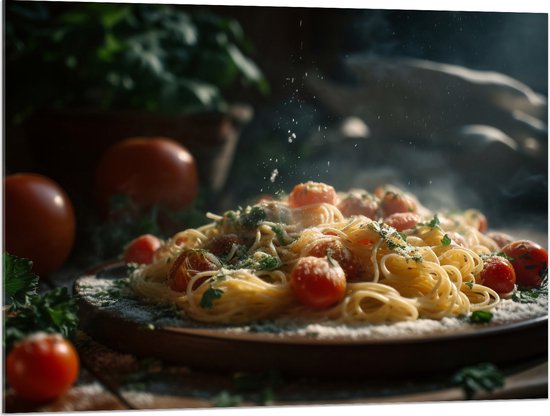 Acrylglas - Spaghetti - Tomaten - Kaas - Eten - Bord - 100x75 cm Foto op Acrylglas (Met Ophangsysteem)