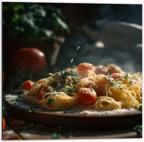Dibond - Spaghetti - Tomaten - Kaas - Eten - Bord - 50x50 cm Foto op Aluminium (Wanddecoratie van metaal)