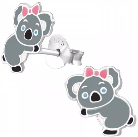 Joy|S - Zilveren koala oorbellen - 7 x 10 mm - roze strik