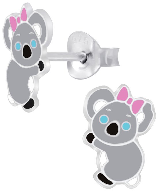 Joy|S - Zilveren koala oorbellen - roze strik
