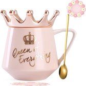 Queen of Everything Mok met deksel, kroon, Queen Elizabeth beker, cadeau, roze, 350 ml, keramische beker, verjaardagscadeau voor 20, 30, 40, 50, 60, 70, 80, 90, vrouwen, cadeau voor vriendin