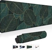 Gaming muismat XXL 800 x 300 mm, tropische bladeren groen en zwart, groot, genaaide randen, waterdicht, anti-slip