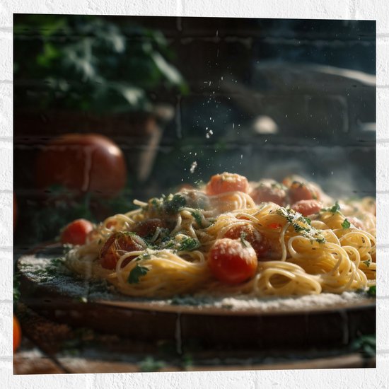 Muursticker - Spaghetti - Tomaten - Kaas - Eten - Bord - 50x50 cm Foto op Muursticker