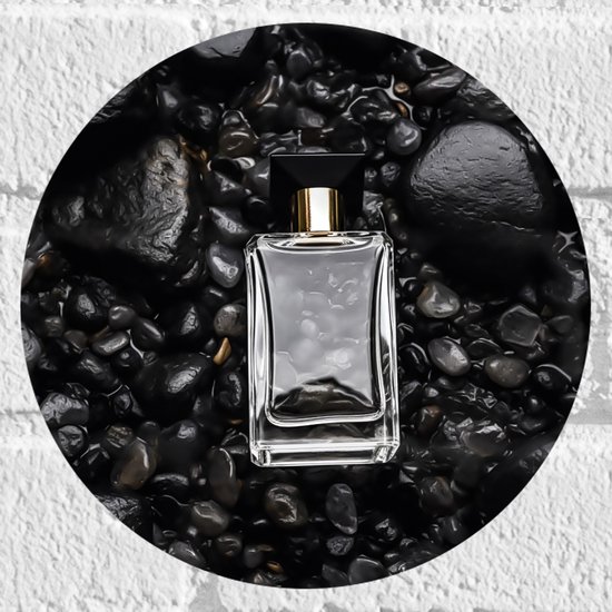 Muursticker Cirkel - Parfum - Flesje - Goud -Zwart - Stenen - 20x20 cm Foto op Muursticker