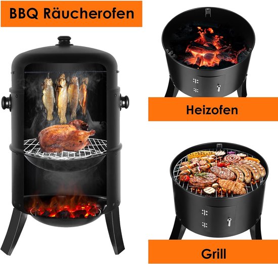 Rookoven, 3-in-1 rookoven, houtskoolgrill, rookoven, Ø 44,5 x 80 cm, incl. regelbare luchtafvoer en thermometer, waterschaal, 2 grillroosters (φ 37,5 cm), voor roken, grillen en koken — afbeelding 3