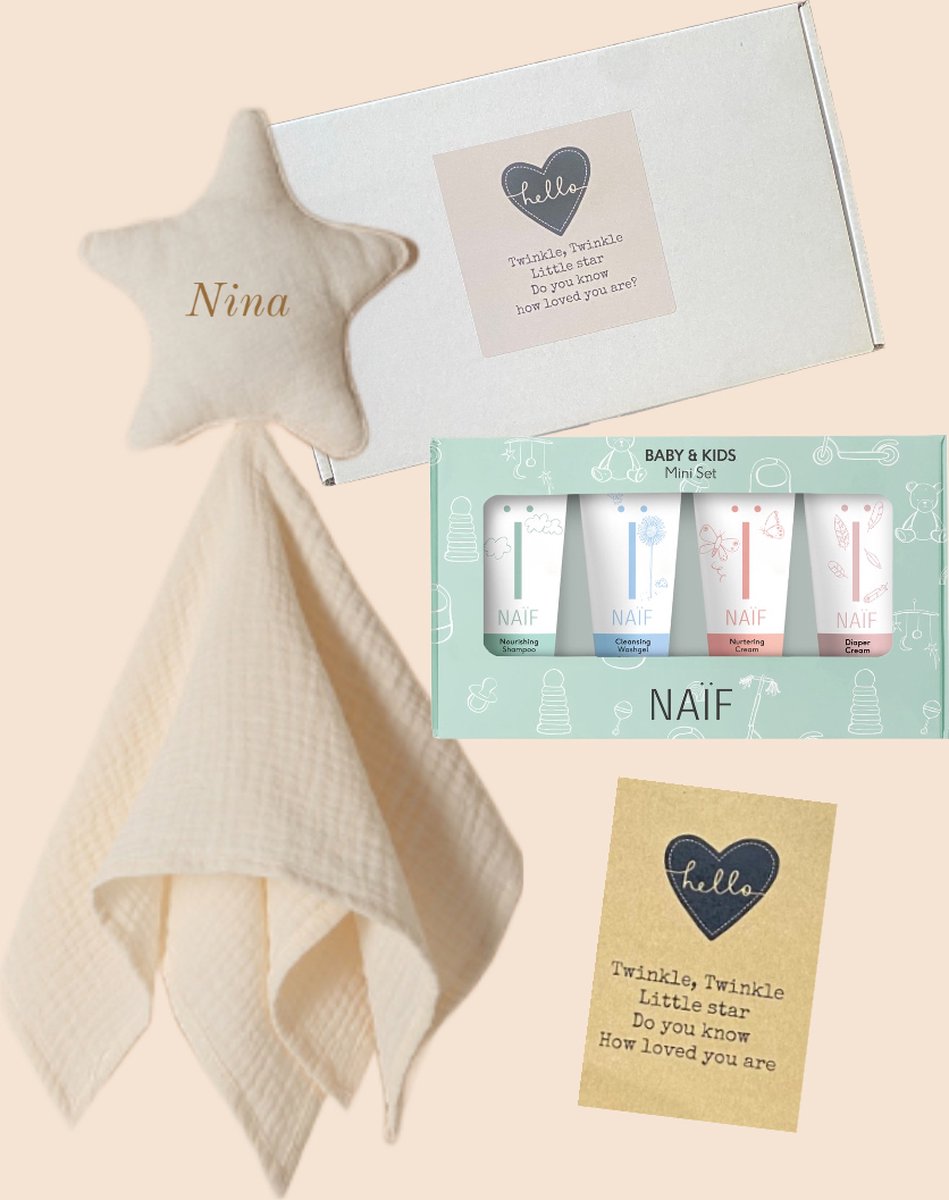 Goedkoopste Kraamcadeau baby mousseline knuffeldoek met naam Naif baby verzorgingset