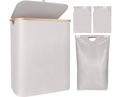 Wasmand met deksel 140 L, wasmand met verwijderbare 3 binnenzakken, opvouwbare wasbox 3 vakken Geschikt voor maximaal een week kleding, beige