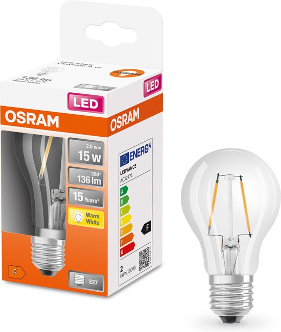 OSRAM LED lamp - Classic A 15 - E27 - filament - helder - 1,5W - 136 lumen - warm wit - niet dimbaar