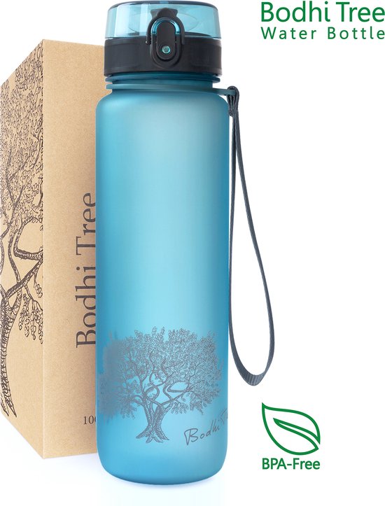 Bodhi Tree® Gourde motivation 1l - Gourdes de motivation pour adultes - Bouteille d'eau avec marqueurs de temps Néerlandais - Étanche - Anti Fuite - Sans BPA - Filtre à fruits - Water Bottle 1 litre - Bleu