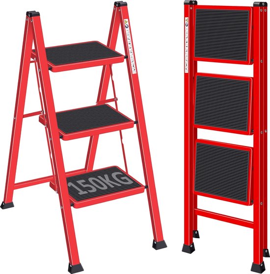 Foto: 3 staps ladder trapladder inklapbare kruk inklapbare kruk voor volwassenen huishoudtrap metalen trap antislip stabiel en breed pedaal rood 