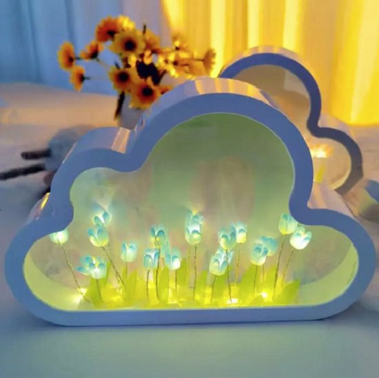 Zelf-maak Wolk Tulp Spiegel Lamp - Blauw | DIY Cloud Tulip Flower Night Light Mirror Lamp - Blue