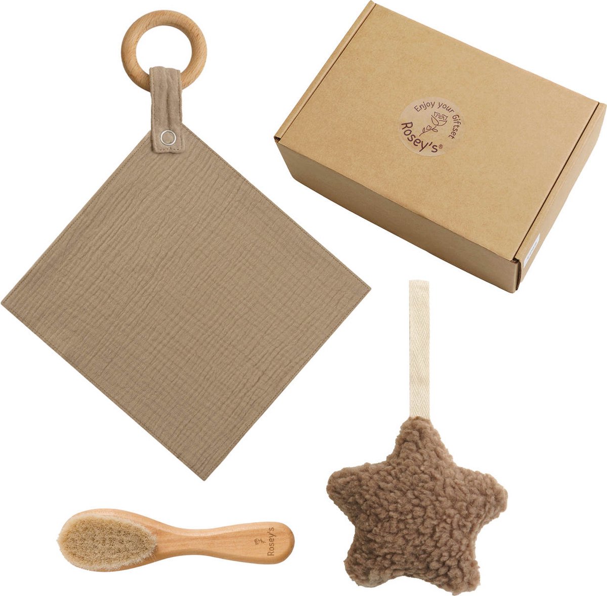 Goedkoopste Rosey's® - Baby giftset - Taupe de Luxe - houten baby haarborstel - speenknuffel - speenhanger - knuffeldoekje - kraamcadeau - baby speelgoed 0 jaar - babyshower - kraamcadeautje - Geschenkset Baby - Geboorte Cadeau - Baby Geschenkset - baby cadeau
