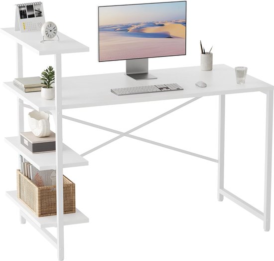 Kleine bureau met plank, 120 x 60 cm, 3-laags plank, computerbureau, PC gamingtafel, eenvoudig te installeren bureau, stevige stalen framebureaus, wit/wit.