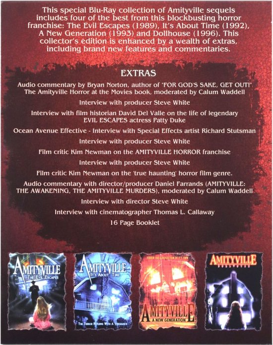 Amityville Blu-Ray Collectie box met vier filmcovers: Amityville The Evil Escapes, It's About Time, A New Generation en Dollhouse.