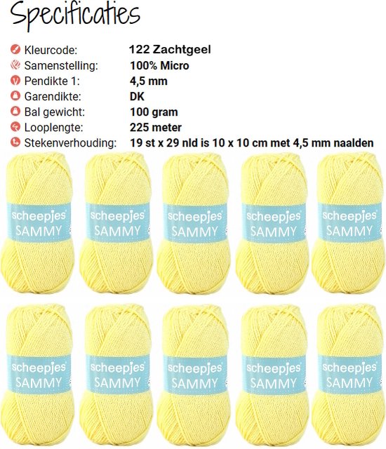 Dix pelotes de fil jaune Scheepjes Sammy, 100 grammes chacune.