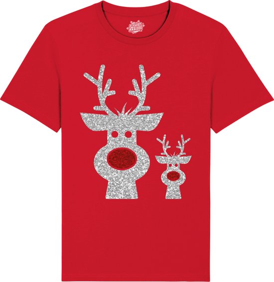 Rendier Buddies - Foute Kersttrui Kerstcadeau - Dames / Heren / Unisex Kleding - Grappige Kerst Outfit - Glitter Look - T-Shirt - Unisex - Rood - Maat 3XL
