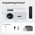Witte beamer met afmetingen 19,3 x 22 cm, met afstandsbediening, handleiding, HDMI-kabel en draagtas.