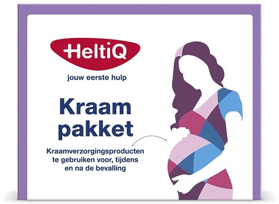Heltiq kraampakket verpakking met het opschrift 'jouw eerste hulp Kraampakket' en een silhouet van een zwangere vrouw.