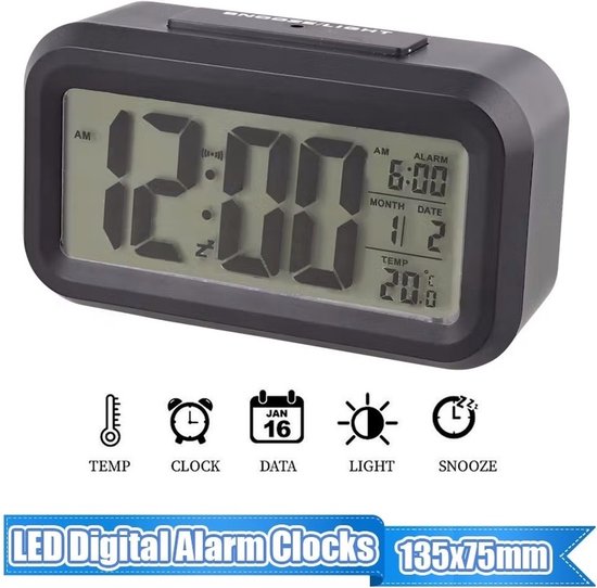 Digitale Wekker - Alarm Klok met Temperatuur, Kalender en LED Verlichting - Alarmklok met datum - Wekker op batterijen (niet bij inbegrepen) - Zwart