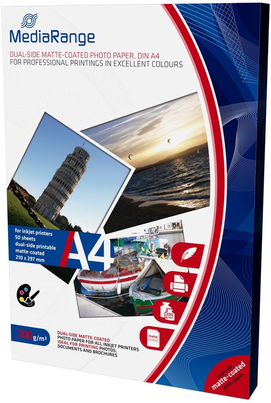 MediaRange A4 inkjet fotopapier, mat, 200 g/m², 50 vellen. Met afbeeldingen van de Toren van Pisa en een boot met vissersnetten.