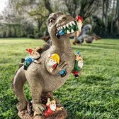 Dinosaurus attaquant des nains de jardin - Décoration de jardin amusante - Intérieur et extérieur - Nains - Grande sculpture - Dino