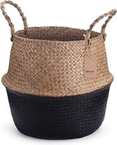 Zeegras mand bloempot, natuurlijke mand, geweven wasmand met handvat, voor planten of speelgoedopslag, zwart, 36 x 32cm.