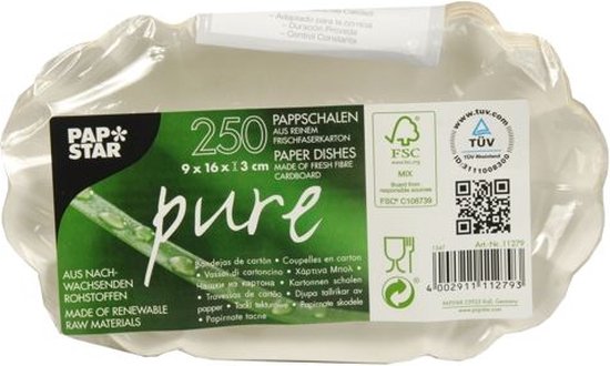 Plat en carton "pure" ovale 9 cm x 16 cm blanc, FSC (250 pièces)