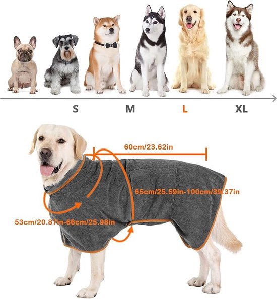 De Millennials - Microvezel hondenbadjas - Maat L - Grijze - pootdoek - hondenhanddoek met verstelbare riem - badjas voor huisdieren met klittenbandsluiting - hondenbadjas - regen - De Millennials