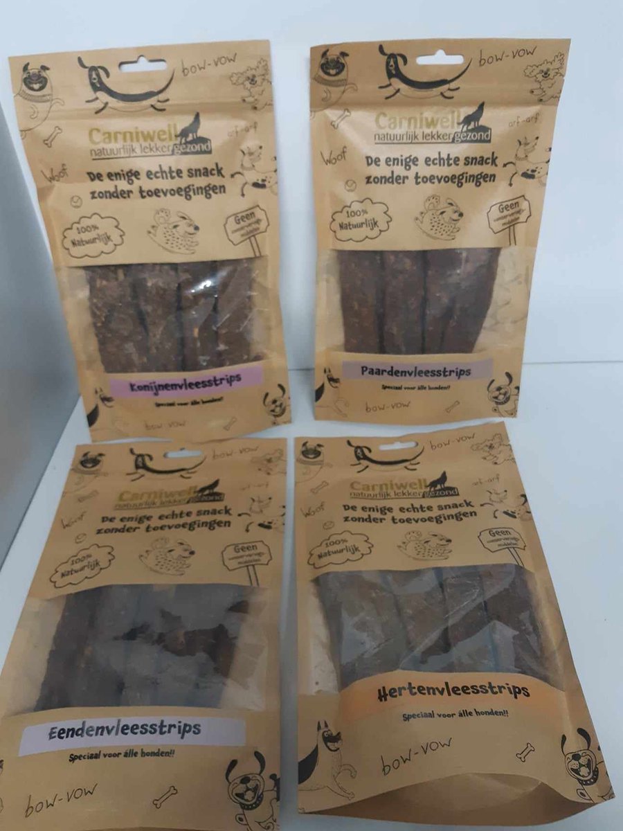 Carniwell - mixpakket natuurlijke strips 4 smaken a 100gr - hondensnacks - hert - paard - konijn - eend