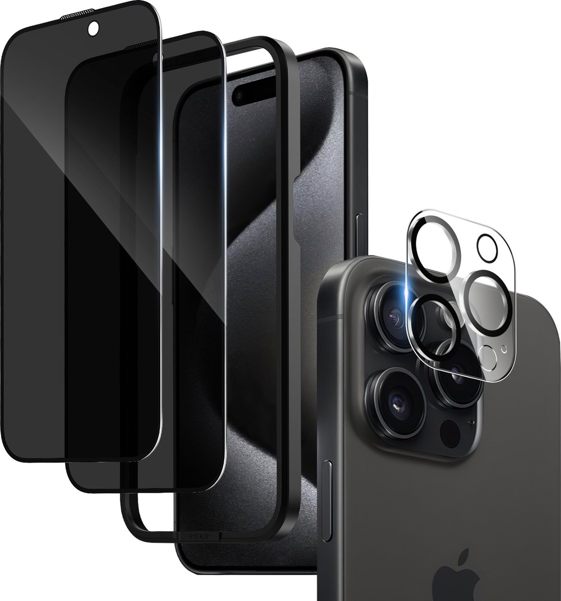Screenprotector voor iPhone 15 Pro Max- Privacy Screen Protector 2 Privacyglazen + 1 Camerabeschermingsglas + 1 Montageframe Gepantserde film van 9H Hardheid, HD-Schermbescherming, Ultrahelder, Anti-vingerafdruk.
