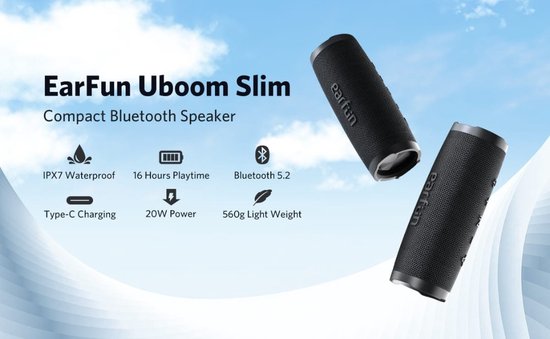 EarFun UBOOM® Slim - Draadloze bluetooth 5.2 speaker - IPX7 Waterproof - Ingebouwde microfoon - Zwart van EarFun — afbeelding 2