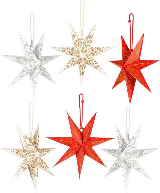 BRUBAKER 6 Papieren Kerststerren - Advent Sterren Decoratieset - Grote Boom Decoratie Papieren Sterren - Kerstboom Decoratie - Kerstboom en Raamdecoratie - 20 cm Vouwbare Sterren - Rood Wit