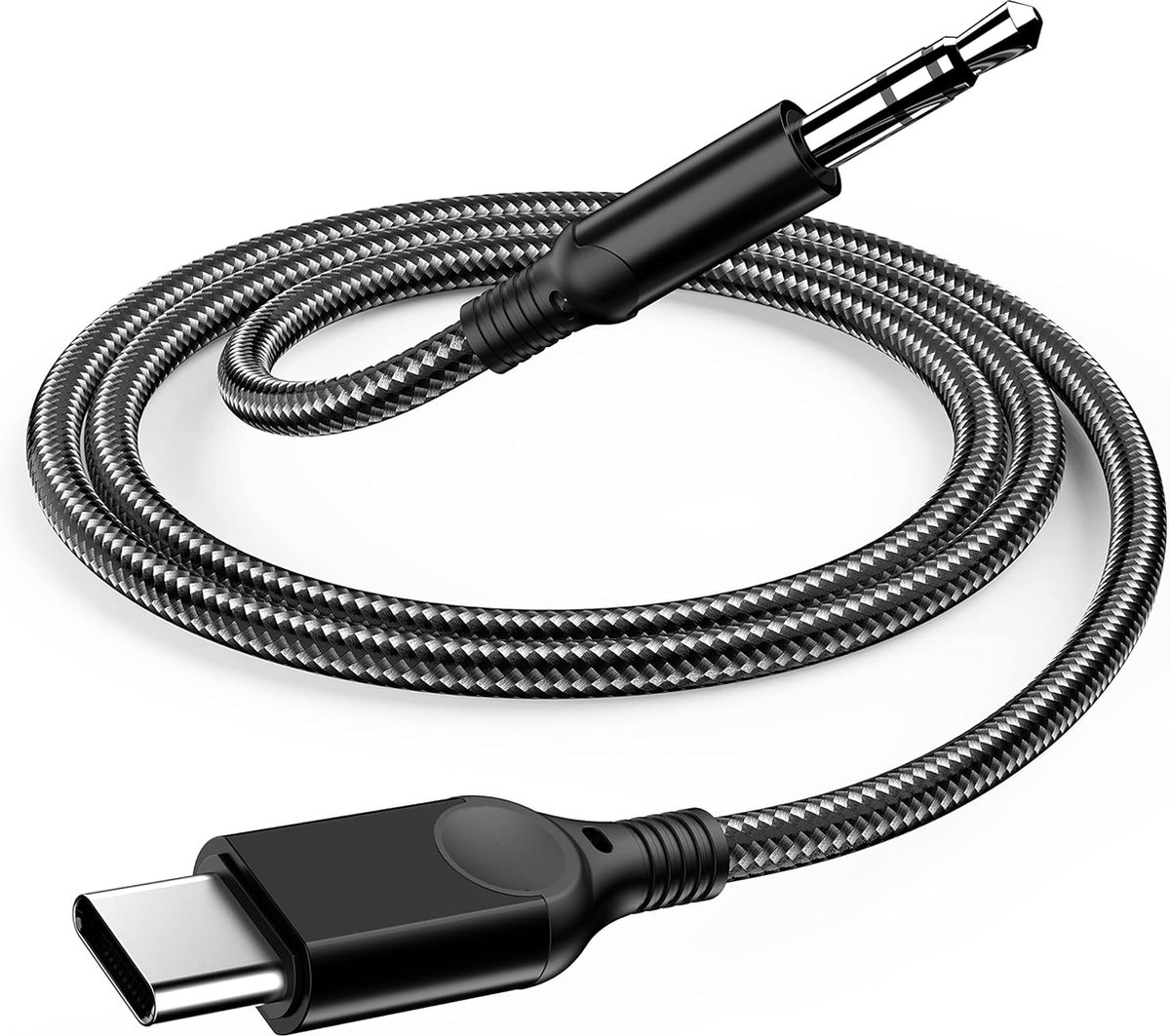 Image of Phreeze Aux naar USB C Kabel - 1.2m - Jack 3,5mm naar USB-C Adapter - Auto - Zwart - Gevlochten - Universeel USB C