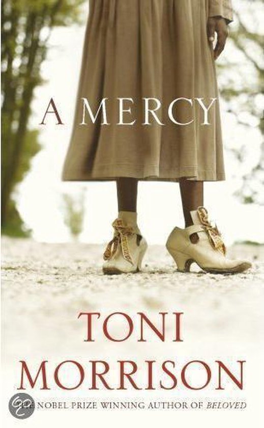 Boekomslag met de titel 'A Mercy' en de naam Toni Morrison. Een vrouw draagt een lange jurk en schoenen.