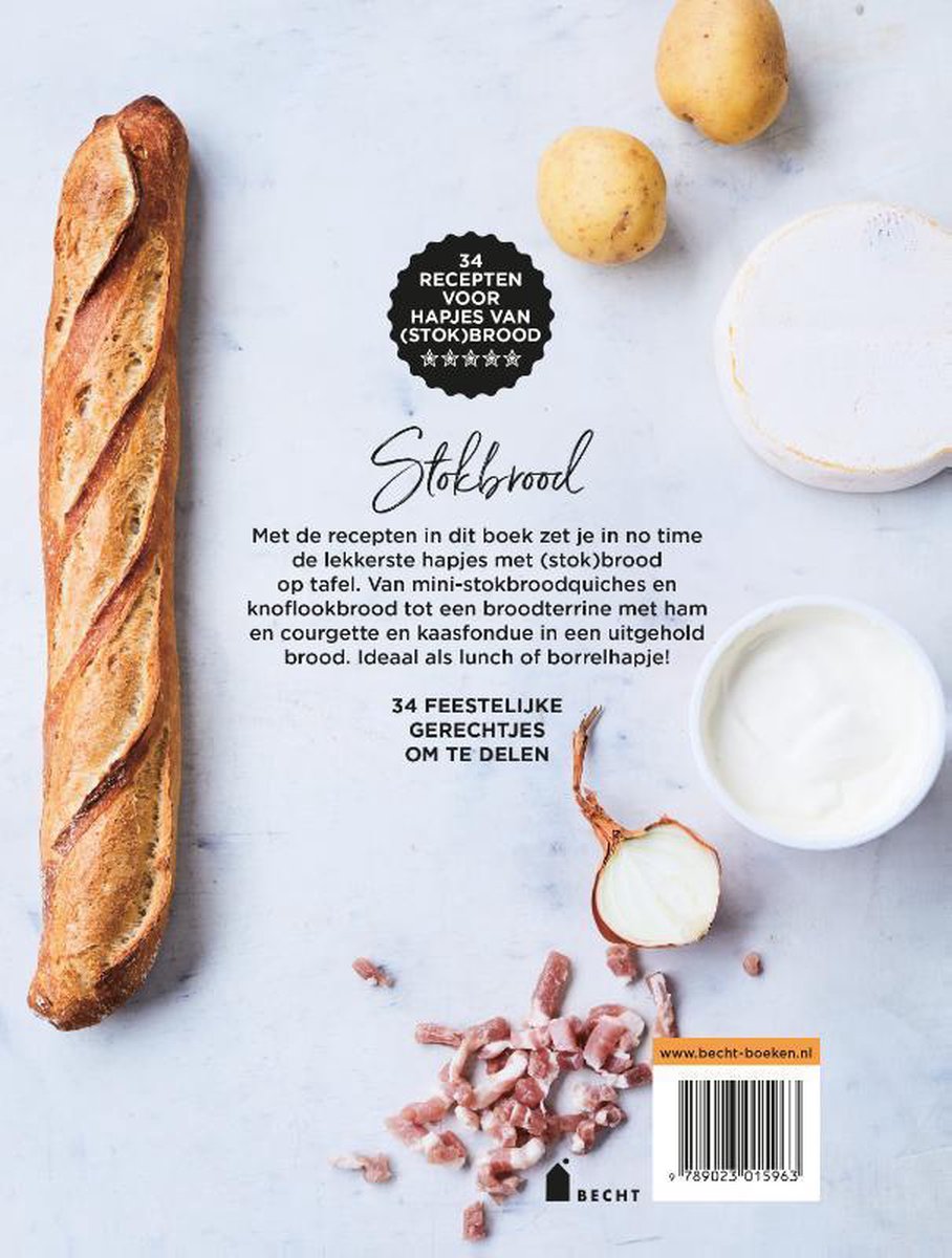 Boek 'Stokbrood' met een stokbrood, aardappels, ui, kaas en spek.