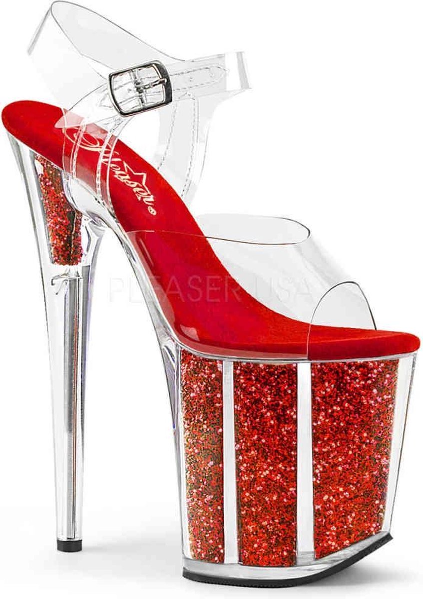 Pleaser - FLAMINGO-808G Sandaal met enkelband, Paaldans schoenen - Paaldans schoenen - 37 Shoes - Rood/Transparant