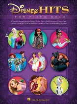 Boekcover met 'Disney Hits for Piano Solo' in paars en goud. Afbeeldingen van populaire Disneyfiguren.