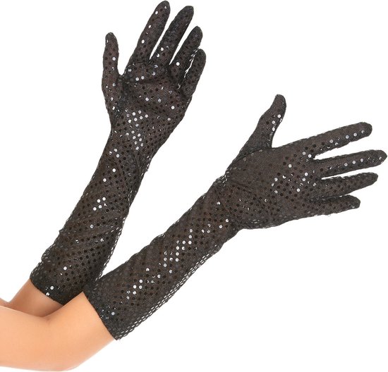 NINGBO PARTY SUPPLIES - Mid-lange zwarte glitter handschoenen voor  volwassenen -... | bol.com