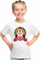 Kerst t-shirt voor kinderen met pinguin print - wit - shirt voor jongens en meisjes XS (110-116)