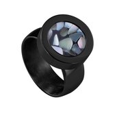 Quiges RVS Schroefsysteem Ring Zwart Glans 17mm met Verwisselbare Grijze Vlokjes Schelp 12mm Mini Munt
