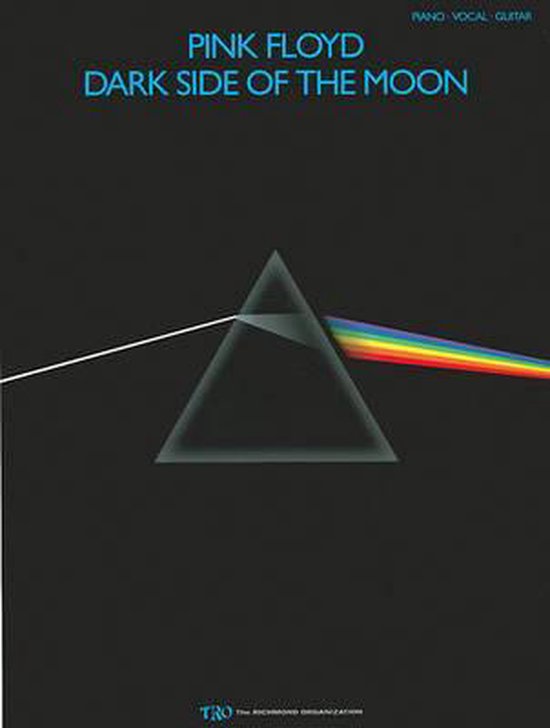 Roze Floyd - Dark Side of the Moon bladmuziek. Een prisma splitst wit licht in een regenboog.
