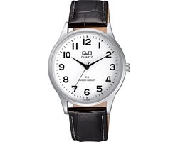 Q&Q C214J304Y - Horloge - Analoog - Heren - Mannen - Leren band - Rond - Metaal - Cijfers - Zwart - Zilverleurig