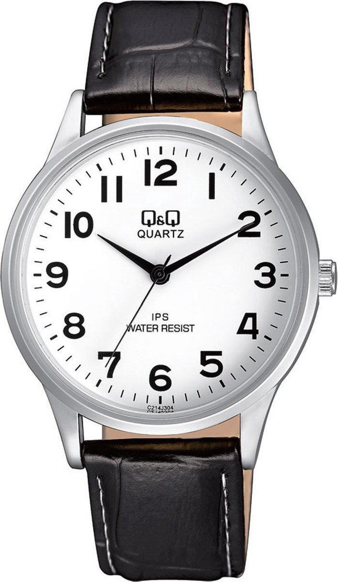 QQ C214J304Y - Horloge - Analoog - Heren - Mannen - Leren band - Rond - Metaal - Cijfers - Zwart - Zilverleurig