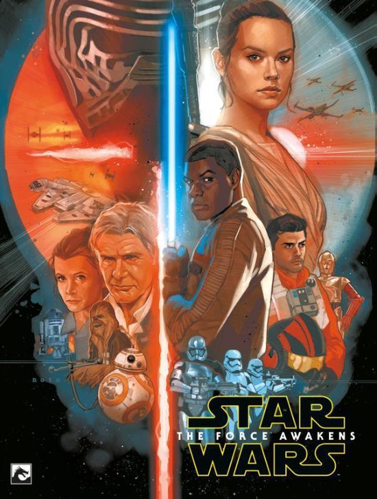 Het Star Wars: The Force Awakens-filmposter met personages Rey, Finn, Han Solo, Leia, Chewbacca en BB-8.
